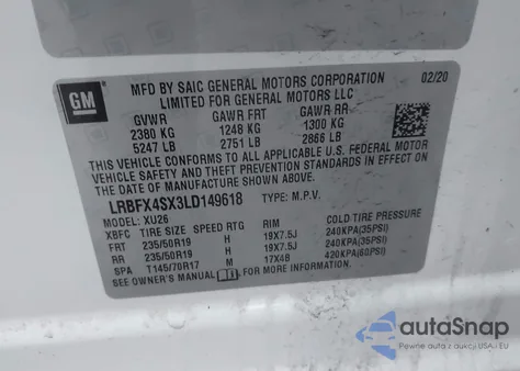 2020 Buick Envision Awd Premium Ii из США, поврежденный, VIN LRBFX4SX3LD149618